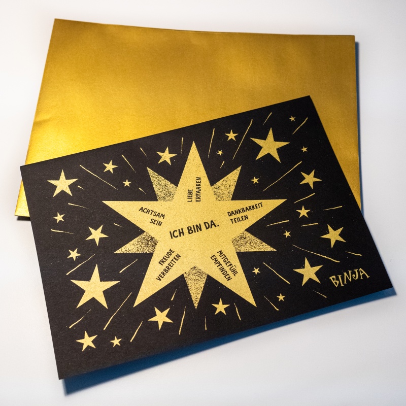 Binja Adventskarte, Klappkarte A5, mit Umschlag gold, Siebdruck Binja Adventskarte, Klappkarte A5, mit Umschlag gold, Siebdruck