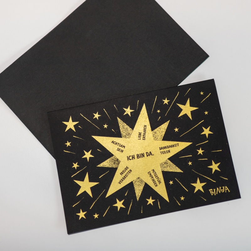 Binja Adventskarte, Klappkarte A5, mit Umschlag schwarz, Siebdruck Binja Adventskarte, Klappkarte A5, mit Umschlag schwarz, Siebdruck